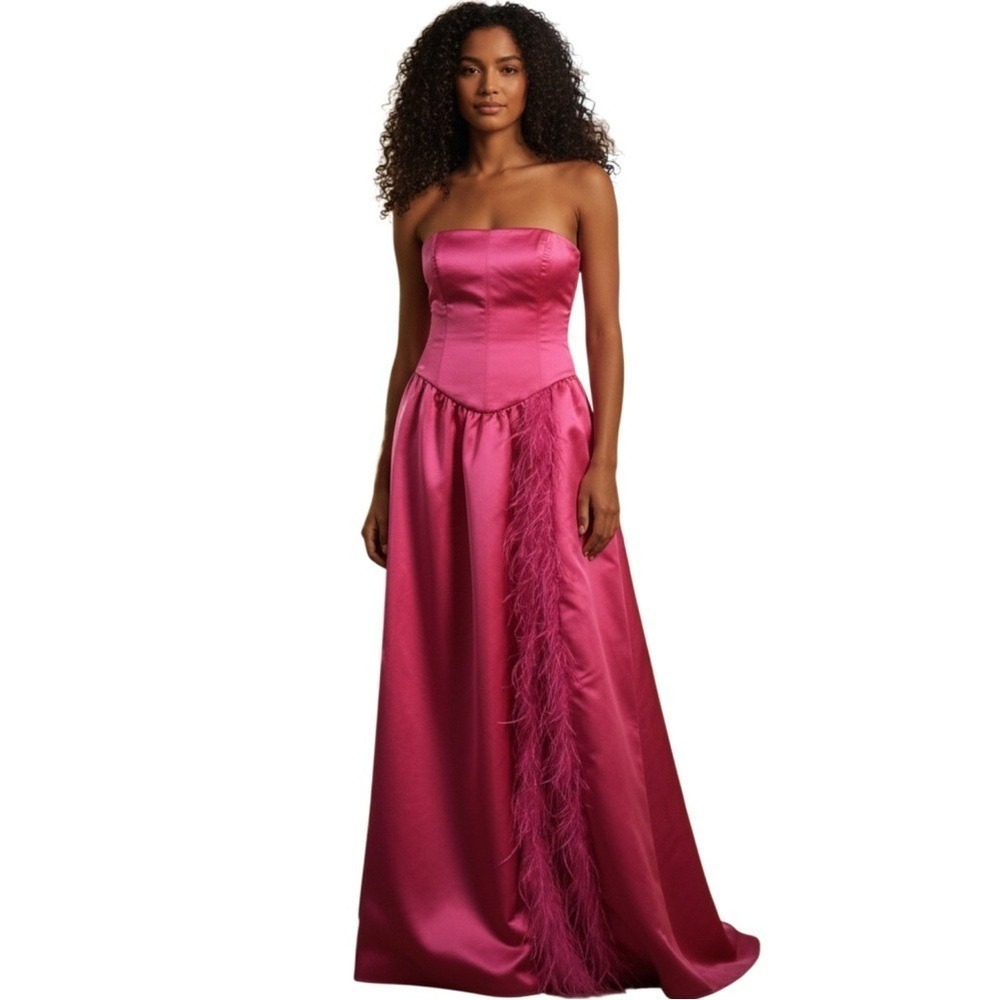 WeWoreWhat Corset Strapless Gown, Duchess Satin W/feather Trim,‎ Magenta, Size 0